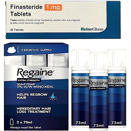 Packaging of regaine extra strength scalp foam with 5% minoxidil, warning for pregnant women, and two cans visible. Brand logo and information about hair regrowth treatment are also displayed.