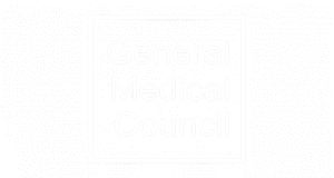 Logo of the general medical council, featuring the text "general medical council" in white, within a bordered rectangular frame on a green background.