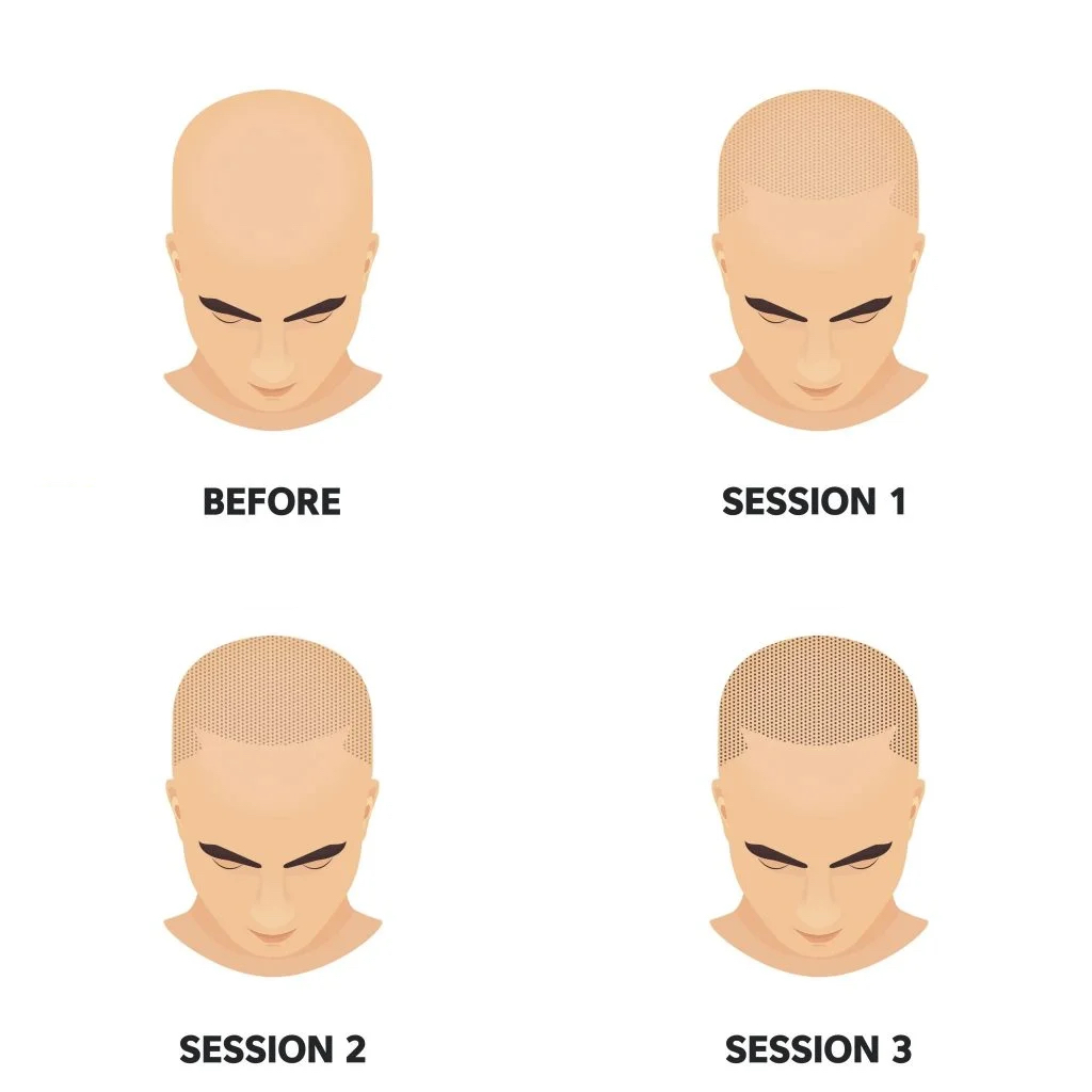 Four illustrations depicting stages of hair regrowth treatment on a bald head, labeled from "before" to "session 3," showing progressive hair density increase.