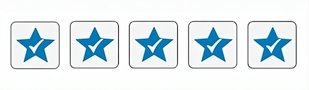 Five-star rating with each star outlined in blue, displayed in individual white squares aligned horizontally. All stars are filled in blue, indicating a full rating for hair regrowth.